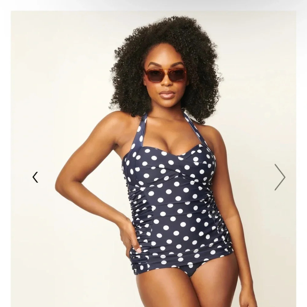 Unique Vintage Navy & White Polka Dot Corinne Halter Sheath Swimsuit,Medium, NWT - Picture 3 of 12